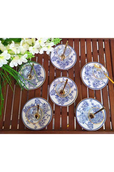 GÖNÜL Blue Blanc 6-person 18 piece tea set tea set