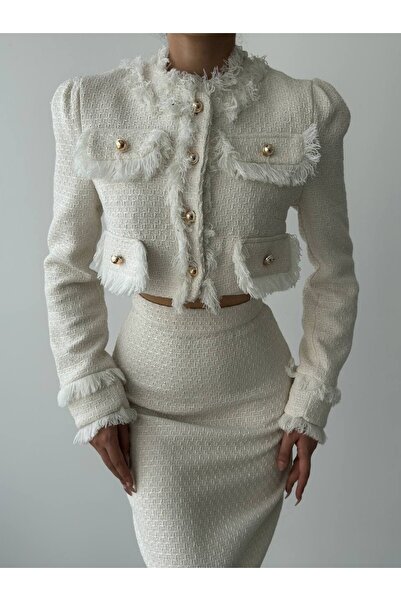 Julidress Білий укорочений жакет і спідниця міді преміум-класу з тувіту з розрізами та золотими ґудзиками