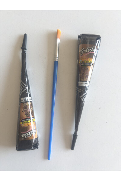 Airbrush Tattoo 2 tüp Siyah Golecha Kına 2 Sayfa şablon ve fırça hediyeli Geç...