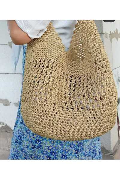 zümal tekstil tasarım Straw Colored Design Hand Knitted Paper Women's Shoulder Bag