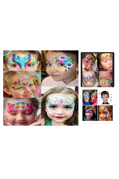 Airbrush Tattoo 8 Farklı Renk El Yüz Boyası 80 Minimal Şablon ve Fırça Hediyeli Yüz Boyama Seti