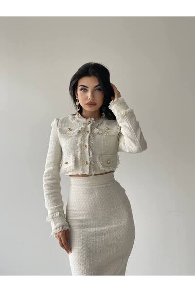 Julishop Premium Ecru White Gold Crop Jacket and Midi Slit Skirt Set