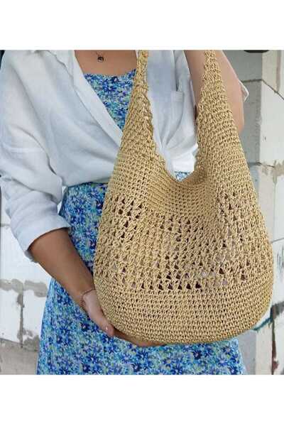 zümal tekstil tasarım Straw Colored Design Hand Knitted Paper Women's Shoulder Bag