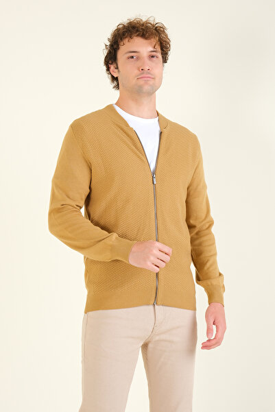 Giyim Dünyası Men's Mustard Cardigan - Prevailing Collar, Honeycomb Knit, Zippered