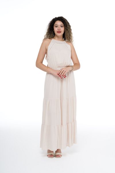 Galistore Ecru Long Dress - Halter Neck, Elastic Waist and Ruffle