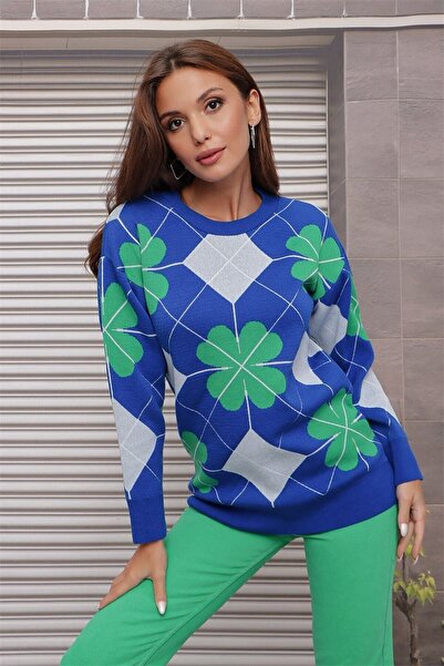 AQE FASHION البرسيم منقوشة طاقم الرقبة سترة فضفاضة