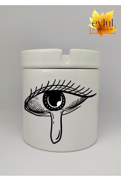 Eylül Design منفضة سجائر سيراميك مطبوعة بتصميم خاص مع طباعة دمعة وعين، طبق عد...