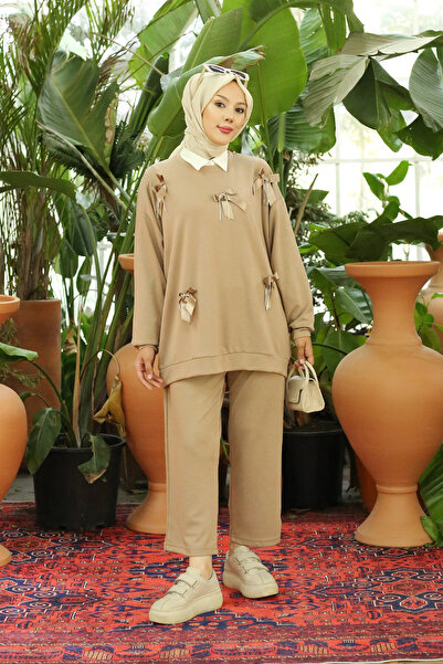 PİNK FLY طقم قماش مودال مكون من قطعتين - مع فيونكة وإكسسوارات، موديل 7847