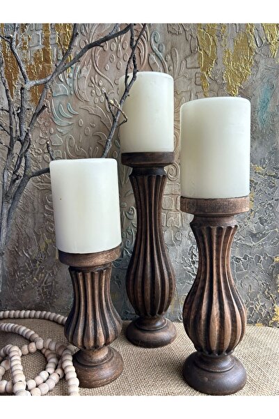 SALUR Üçlü Dikey Oymalı El Yapımı Şamdan