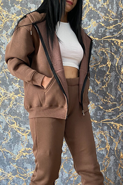 FEVİLLE Дамска кафява жилетка с качулка с цип