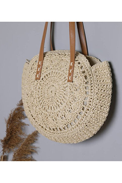 TOM COMPANY Krem Renk Dantel Model Yuvarlak El Yapımı Kağıt Ip Örgü Omuz Çantası | Plaj - Yazlık - Hediyelik