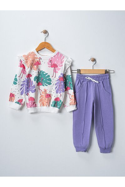 BUUFUU Flamingo Printed Girl's Tracksuit and Sweatshirt Set - Long Sleeve