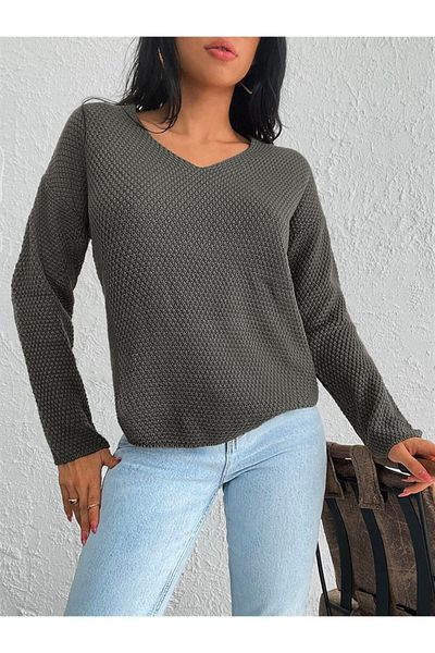 AQE FASHION V-Neck Brass Knitted Comfortable Fit Flexible Textured Gray Color Sweater
