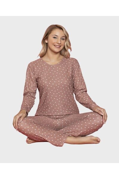 tusem butik homewear Дамски комплект пижама от памучен велур с розов цвят и сърцевиден десен, с дълъг ръкав и велосипедна яка