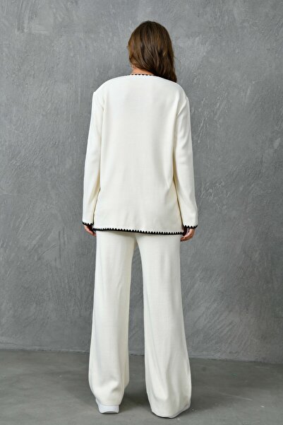 vuvutasarım Ecru Knitwear Women's Set - Collar Buttoned, Pocket Detailed Cardigan and High Waist Trousers 1039