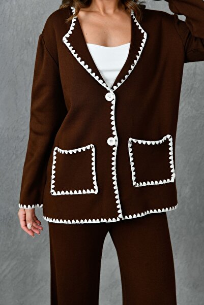 vuvutasarım Καφέ πλεκτό κοστούμι - γιακάς με κουμπιά, ζακέτα με λεπτομέρεια τσέπης και ψηλόμεσο παντελόνι 1039