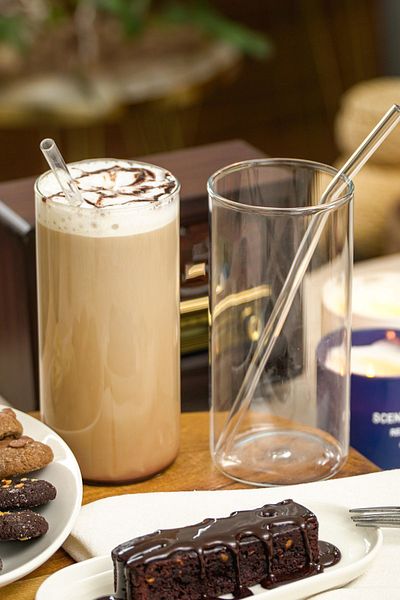 Heda Porselen Modern Designed 2-Piece 420 ml Glass Cup with Straw - Stylish Cold Lemonade and Soft Drink Cup