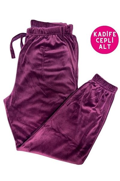 bie's Pijamale de damă din catifea moale de culoare prune - Trening Jogger cu manșetă și buzunare