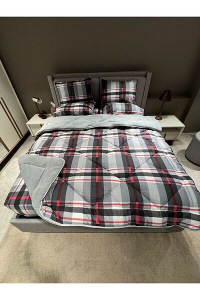 Violacasa Double Welsoft Pufidik Sleeping Set (WITH RUBBER LEAFS) Gray Plaid