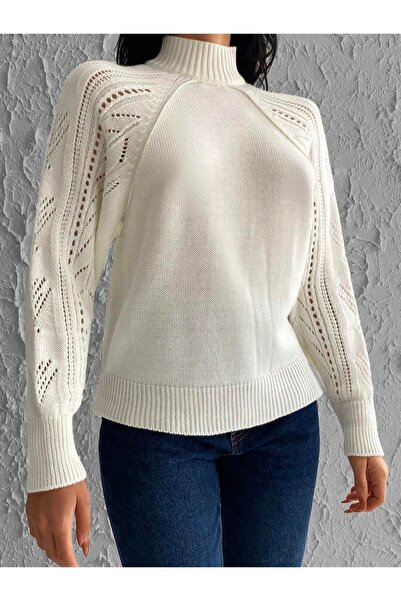 AQE FASHION Pulover alb din tricotaje cu găuri pe mâneci