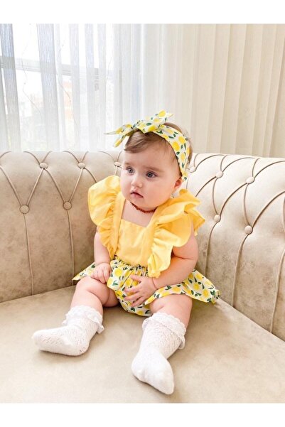 yayakids Kız Çocuk Sarı Limon Desen Meyve  Bandana Salopet Set