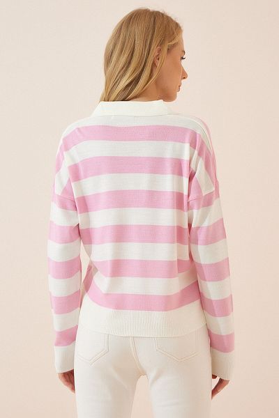 BEŞİR GİYİM Ecru Women's Knitwear Sweater - Pink Polo Collar and Striped