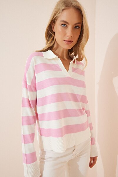 BEŞİR GİYİM Ecru Women's Knitwear Sweater - Pink Polo Collar and Striped