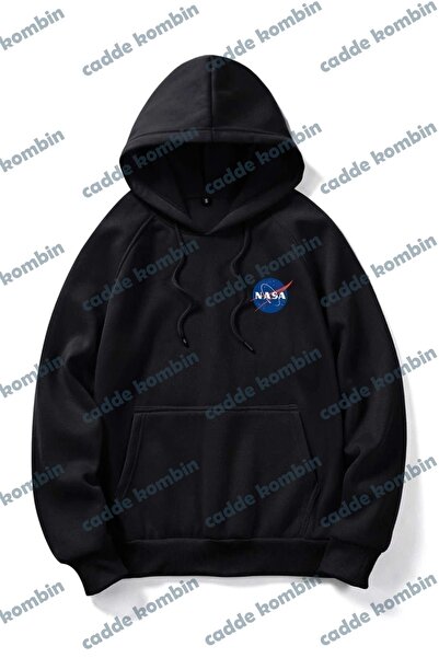 caddekombin NASA Štampano unisex crna Oversize kroj majica sa kapuljačom