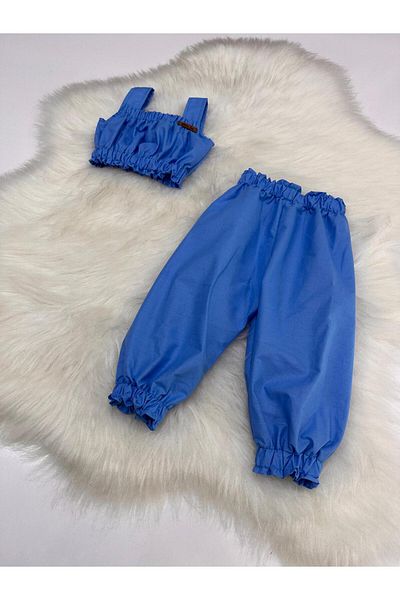 Moda Lina Baby Baby Girl Plain Blue Color Crop & Pants Set