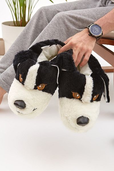 Moda Devrin Mdes Black Animal Silent Sole Slippers Cute Dog Figured βελούδινα παπούτσια για το σπίτι
