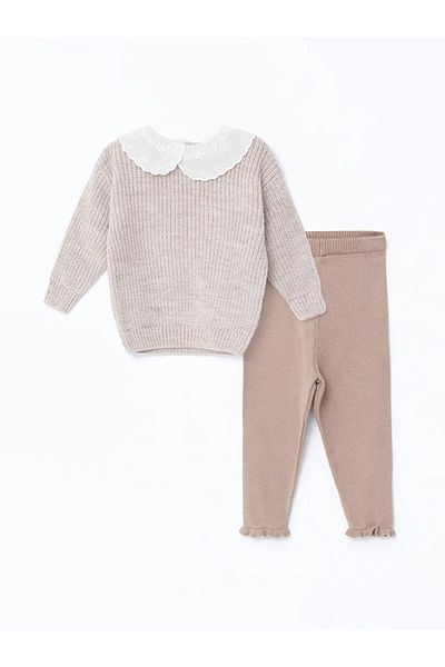 LC Waikiki LCW Baby - krémszínű, Bebe galléros hosszú ujjú baba lány pulóver és leggings szett 2 darabból