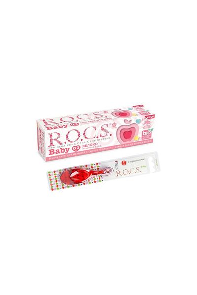 R.O.C.S. 0-3 Years Old Apple Puree Flavored Fluoride-Free 35 Ml Toothpaste and 0-3 Years Old Toothbrush Red
