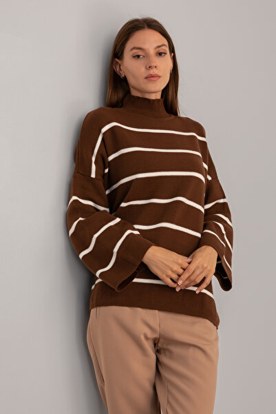 NATUFIAN STORE Γυναικείο πουλόβερ, Γυναικείο πουλόβερ με ρίγες μισό ζιβάγκο, Πλεκτό πουλόβερ με ρίγες, πουλόβερ oversize