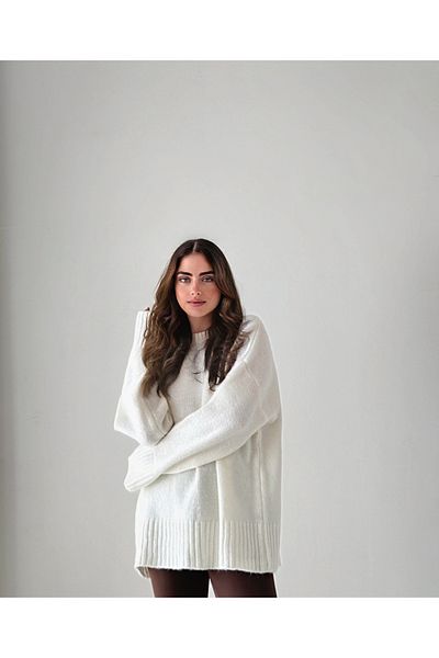 İLKCET MODA Oversize Ecru Basic Γυναικείο πουλόβερ
