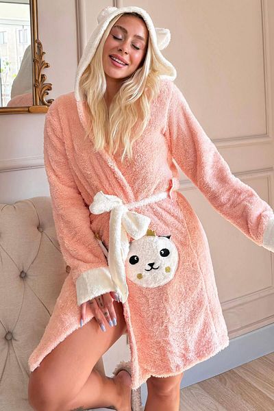 Pijamaevi Damen-Morgenmantel aus Polarplüsch mit Kapuze und Taschen – Lachsfarben