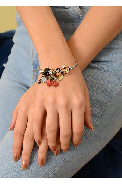 Duke Nickle Black Blue Beaded Strawberry and Cherry Bracelet - Adjustable Steel Design