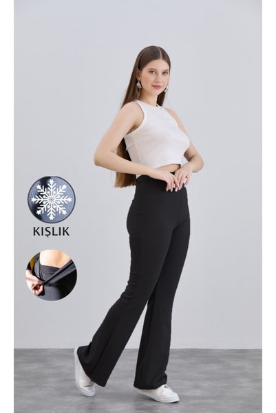 Yeşilyurt Corset بنطال نسائي شتوي من الكريب الأسود ذو ساق واسعة وخصر مطاطي عالي الخصر من الليكرا