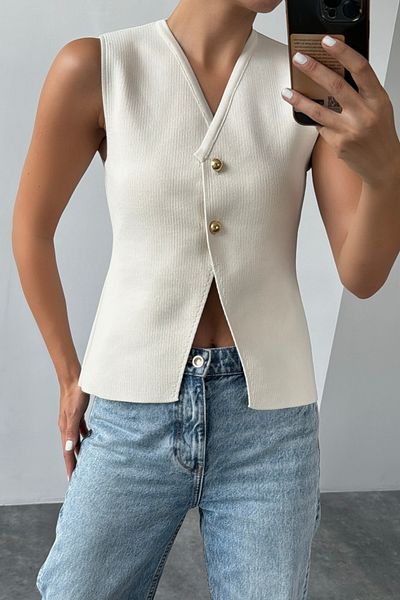 motina Women's Ecru V-Neck Gold Buttoned Plain Knit Top Vest