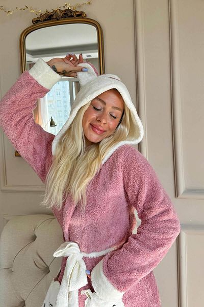 Pijamaevi Women's Morning Gowns - Pink, Hooded and Pocket Fleece Plush
