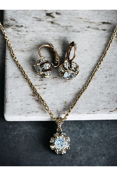FAYRA ACCESSORIES Diamond and Zircon Stone Mounted Necklace and Dangle Earring Set