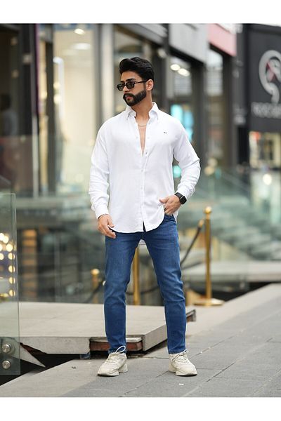 Broman Giyim Men's Shirt - Solid White, Buttoned, Easy to Use, 100% Cotton Thick Winter Fabric