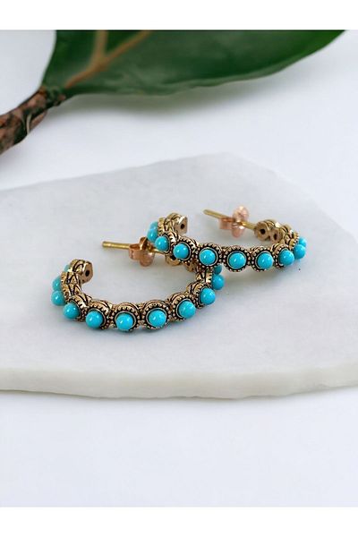 FAYRA ACCESSORIES Turquoise Stone Detailed Waterway Hoop Earrings