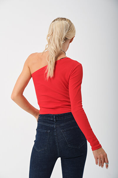 PUNKY CAT Women's Red Single Sleeve Knitted Blouse