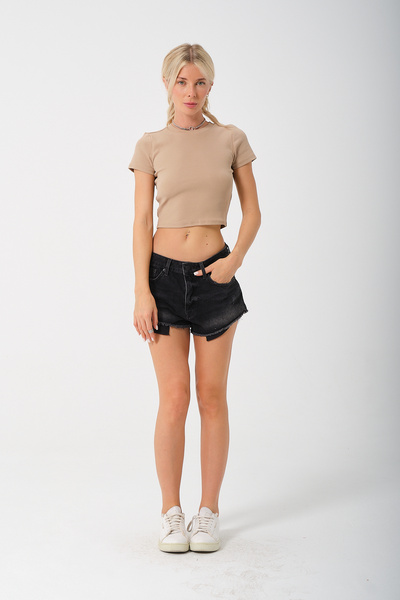 PUNKY CAT Women's Beige Crew Neck Short Sleeve Crop Basic Blouse