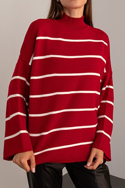Nimas Pulover de damă roșu supradimensionat cu dungi pe jumătate cu gât țesut, pulover cu dungi, pulover de damă