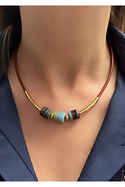 Kutcha Accessories Kahverengi Deri Cam Boncuk Kolye - Şık Ve Özgün Tasarım