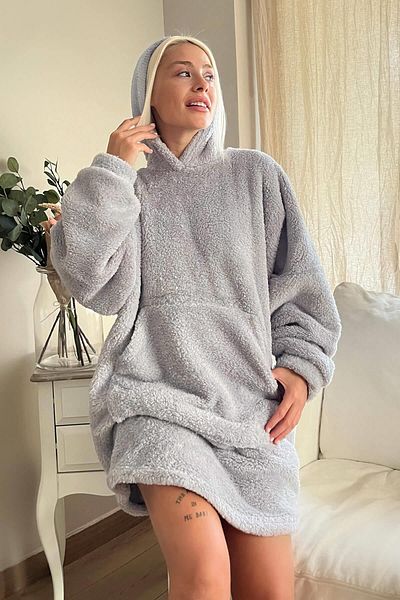 Pijamaevi Πιτζάμες Poncho Sweat με γκρι φουλ βελούδινη κουκούλα
