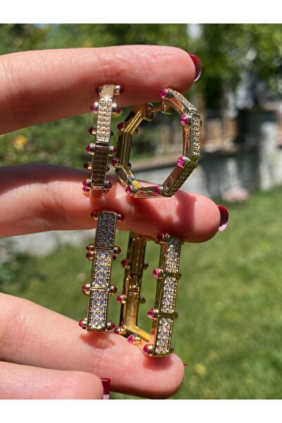 Niceboutique Pembe Taşlı Gold Çelik Serenay Küpesi