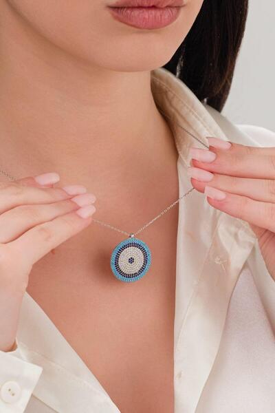 Tmt Silver 25 mm Gümüş Turkuaz ve Zirkon Taşlı Nazar Boncuğu Boncuklu Kolye