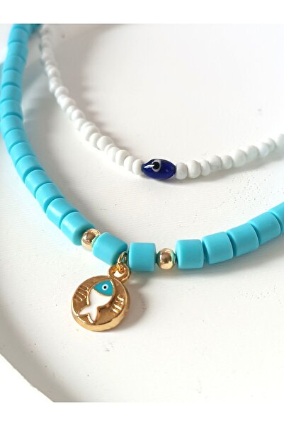 La fee aksesuar 2'Lİ KOLYE SET KIRMIZI - MAVİ FİMO BONCUK ( BALIK - NAZAR BONCUĞU - KAPLUMBAĞA)